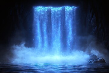 Blue waterfall in a dark cave