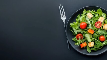 A fresh salad featuring arugula, cherry tomatoes, croutons, and pumpkin on a dark surface, presented on a round black plate.
