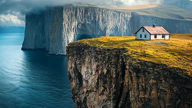 A solitary house perched on a cliff overlooking the ocean, surrounded by dramatic cliffs and clouds