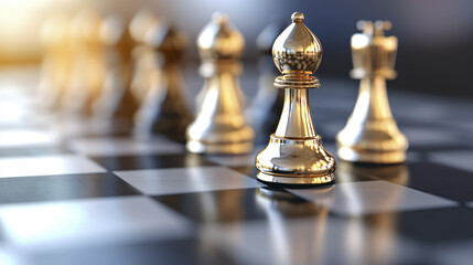 Golden chess pieces on black and white board, symbolizing strategy and competition