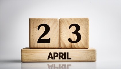 Minimalist photo of wooden blocks with date 23 April. Day and month, calendar on white background
