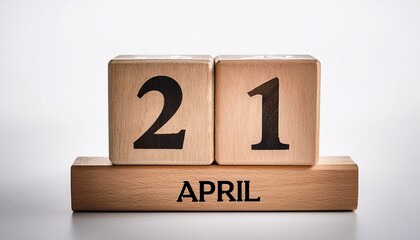 Minimalist photo of wooden blocks with date 21 April. Day and month, calendar on white background