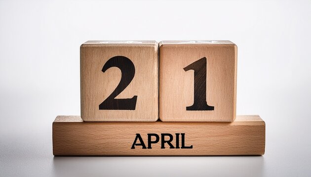Minimalist photo of wooden blocks with date 21 April. Day and month, calendar on white background