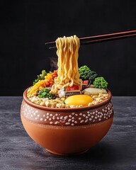 Silhouette of chopsticks lifting noodles, filled with a hidden night market scene inside, symbolizing Korean street food culture