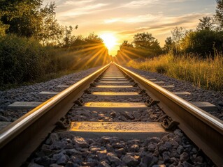 Fototapeta premium Train tracks and sun, golden hour, leading lines, with space for branding