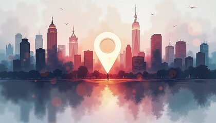 Modern cityscape navigation with sunset glow, location pin focus