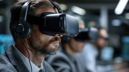 Virtual reality training session with employees engaged in immersive technology, showcasing focus and innovation in corporate environment