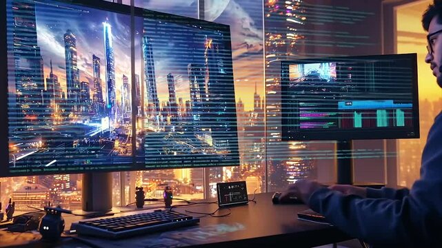 Futuristic cityscape displayed on a high-resolution monitor, alongside video editing software on a second screen.  A person works at a desk with advanced peripherals