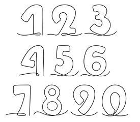 Arabic Numbers One Continuous Line Drawing set. Numeral line art. Minimalistic Simple Linear symbols. Vector Illustration. Editable stroke. Isolated collection on white. Not AI