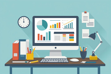  business finance graph computer on desk concept flat design