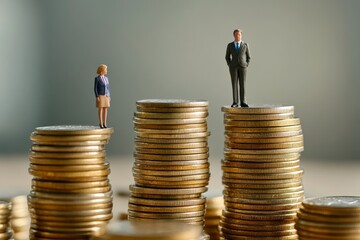 Business professionals standing on coin stacks, symbolizing financial success and growth