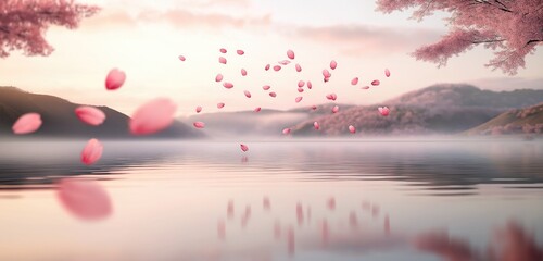 A peaceful scene of soft pink cherry blossom petals drifting through a gentle breeze above a calm lake.