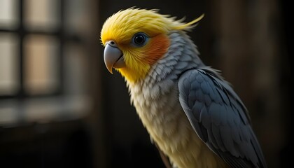 Obraz premium Portrait of a Cockatiel Bird with Yellow Crest and Grey Feathers