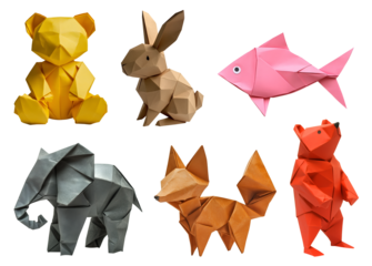 Collection set of origami paper fold of colourful paper, teddy bear, bunny rabbit, fish, elephant, fox on transparent cutout PNG. Many pattern. Mockup template for design	
