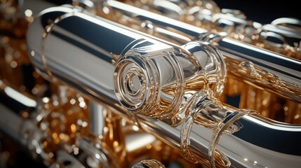 Naklejka premium Close-up view of polished brass instrument parts, intricate details, dark background, musical instrument