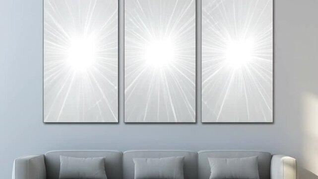 Bright Ray of Light: A triptych of artwork featuring radiating light bursts hanging above a minimalist gray sofa, showcasing the play of light and shadow with a contemporary aesthetic. 
