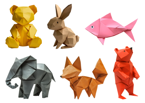 Collection set of origami paper fold of colourful paper, teddy bear, bunny rabbit, fish, elephant, fox on transparent cutout PNG. Many pattern. Mockup template for design	
