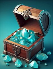 Aquamarin in einer Schatzkiste blauer Hintergrund