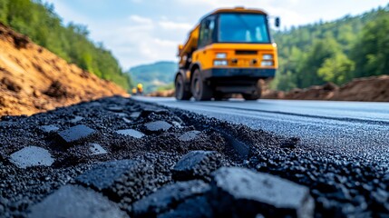 Close-up of fresh asphalt paving on a highway.