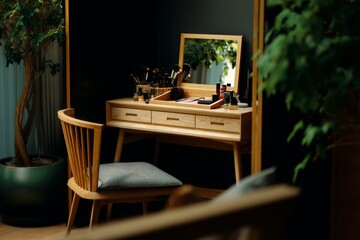 Elegant wooden dressing table with mirror and beauty products in cozy japanese living room setting