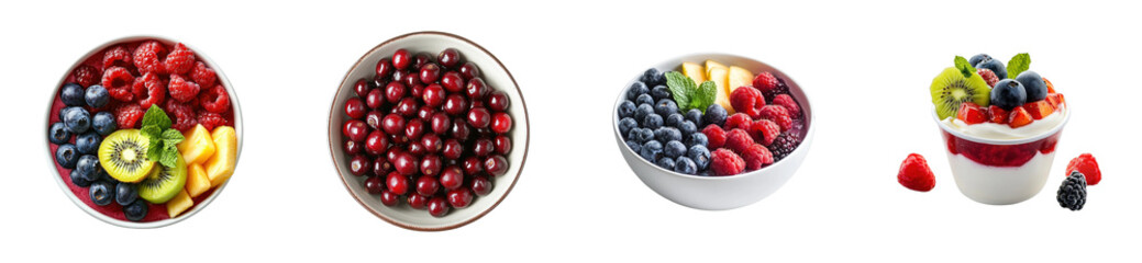 Delicious fruit bowls featuring fresh berries and tropical fruits. Cut out png set