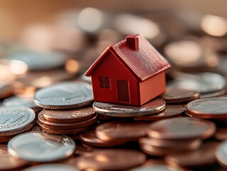 Red Model House on a Pile of Coins Closeup