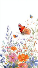 Fototapeta premium vibrant butterfly flutters above colorful array of wildflowers, creating serene and joyful scene