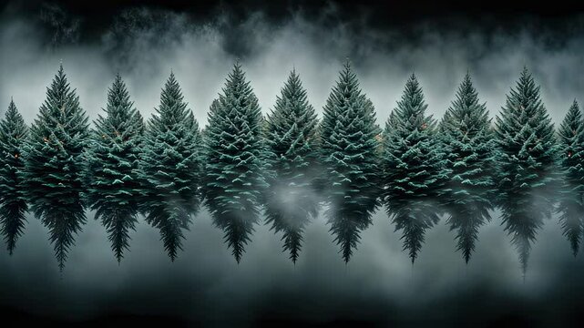 Misty evergreen forest reflection in dark water video footage. Moody woodland scene with nature, pine trees and water mirror effect motion picture background.
