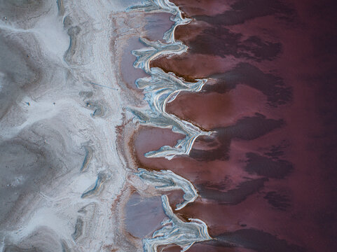 Aerial view of the great salt lake with beautiful patterns and colors, Corinne, Utah, United States.