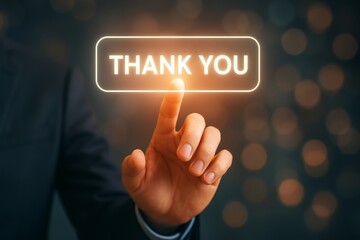 A hand reaching towards a glowing Thank You button, symbolizing appreciation and gratitude in a modern, professional setting with out-of-focus lights in the background