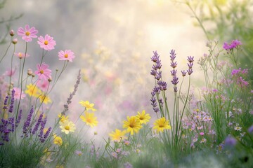A peaceful spring garden filled with delicate wildflowers in soft tones of pink, yellow, and lavender, with a light mist surrounding them.