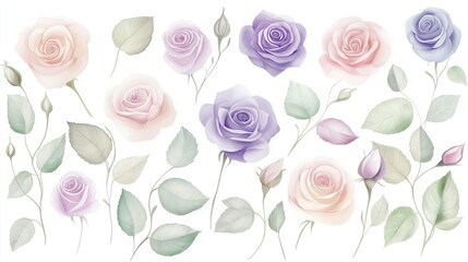 A watercolor illustration of translucent roses and leaves in delicate tones of pink, violet, and soft green, arranged in a gentle, flowing pattern.