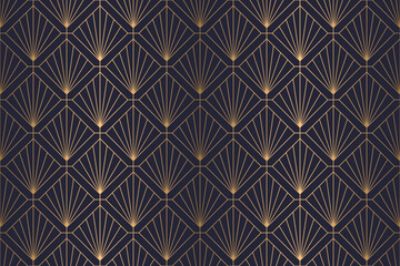 Golden Art Deco sunburst and square rhombus pattern on dark blue. Repeating geometric shapes with radiating lines creates a stylish, ornate, and decorative vintage background.