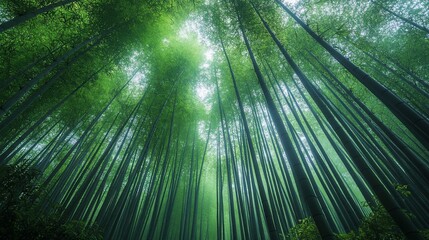 Lush green bamboo forest, low angle view.