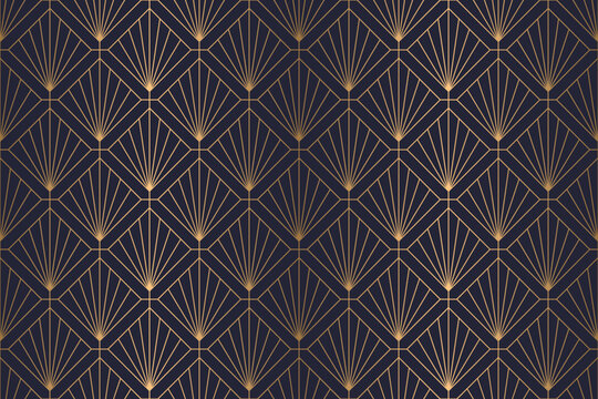 Golden Art Deco sunburst and square rhombus pattern on dark blue. Repeating geometric shapes with radiating lines creates a stylish, ornate, and decorative vintage background.