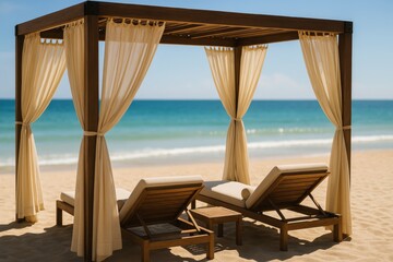Obraz premium Relaxing Beach Cabana With Lounge Chairs by the Ocean on a Sunny Day