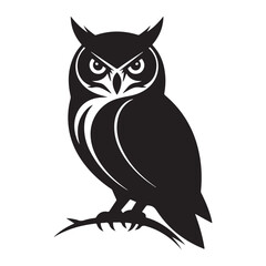 Bold black owl silhouette perched on a branch with intense eyes, perfect for nature art.