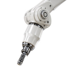 Closeup of a white industrial robotic arm on a transparent background, showcasing precision engineering and automation technology Concept of modern manufacturing