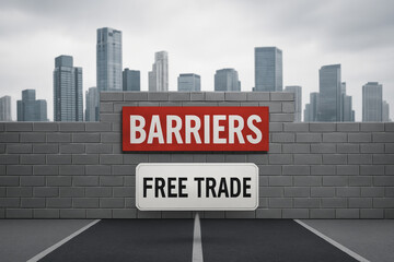 Barriers to free trade concept with brick wall blocking city skyline symbolizing economic challenges and restrictions