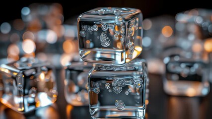 Shiny ice cubes footage. Abstract frozen glassy blocks clip, crystal ice cubes. Refreshing cool concept video. Transparent frozen material motion picture.