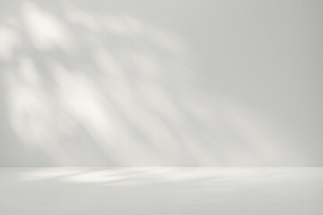 Fototapeta premium Minimal light grey scene with soft natural shadows on the wall, creating a peaceful and airy atmosphere full of subtle elegance. Generative AI