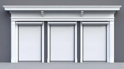 Fototapeta premium Three white rectangular window coverings with decorative architectural elements