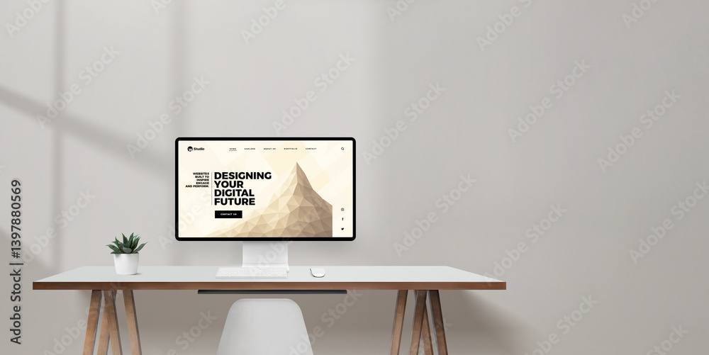 Poster Desktop monitor displaying concept website with the header 'Designing your digital future', clean desk with open wall space for copy or branding