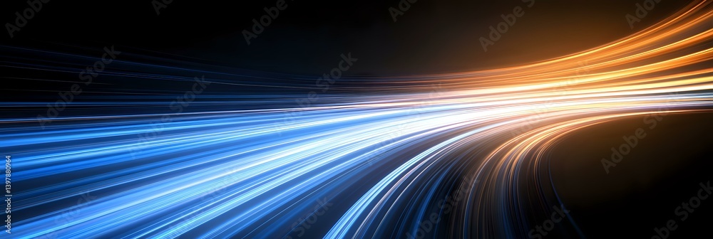 Poster dynamic light trails streak across dark background creating futuristic motion effect in blue and ora