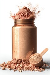 A sleek jar of protein powder, with a scoop and a dusting of powder scattered around, highlights fitness and nutrition.