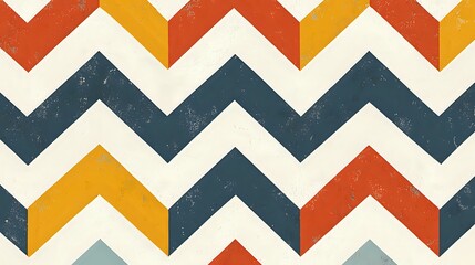 Obraz premium Retro zigzag pattern in navy blue, orange, and yellow with distressed texture creates dynamic geometric design. Seamless repeat for fabric and wallpaper applications.