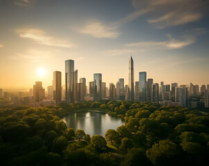Fototapeta premium Modern skyline with futuristic skyscrapers surrounding a central park and lake, captured during golden hour with a soft dusk sky.
