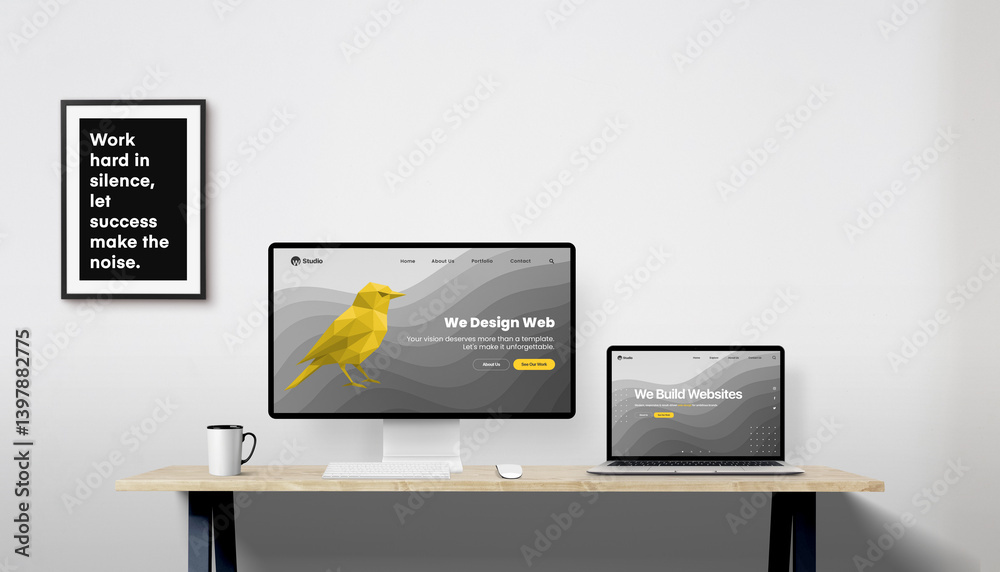 Poster Desktop monitor and laptop on work desk displaying portfolio websites of a web design studio, picture frame on wall adds detail to the workspace