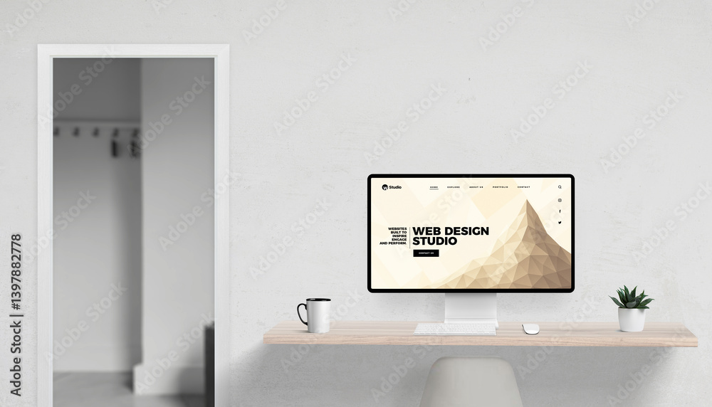 Poster Creative agency workspace featuring web studio homepage on monitor, minimalist desk and open office door adding depth to the scene