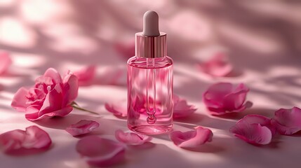 Pink glass dropper bottle with rose essential oil surrounded by fresh rose petals and soft shadows on pink background, luxury skincare and aromatherapy concept.